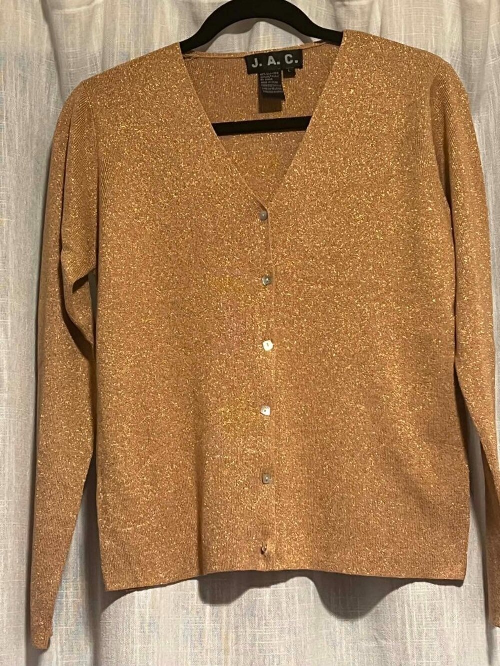 NWT Vintage J.A.C. V-Neck Cardigan Gold Metallic 80% Silk Size L